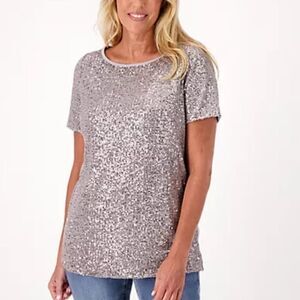 Belle by Kim Gravel Jingle Belles‎ Sequin Front Knit Back Top Graphite L NWT